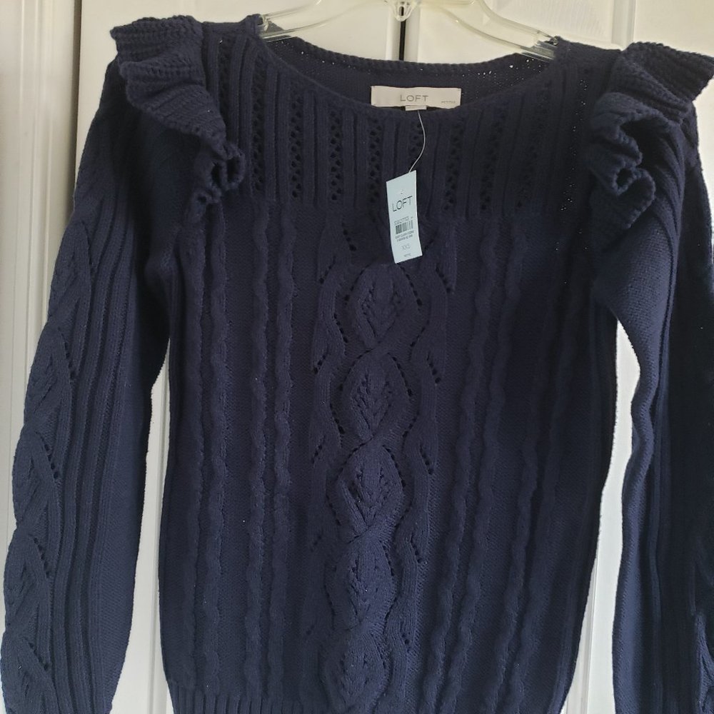 NEW LOFT Navy Ruffle Shoulder Cable Sweater Petite
